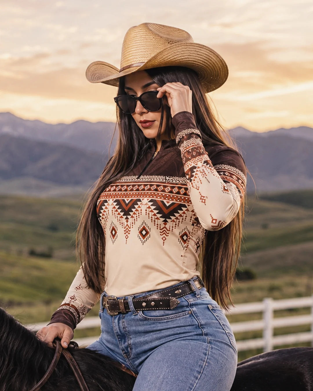 Camisa Feminina Marrom e Creme Apache com UV50 - Brk Agro