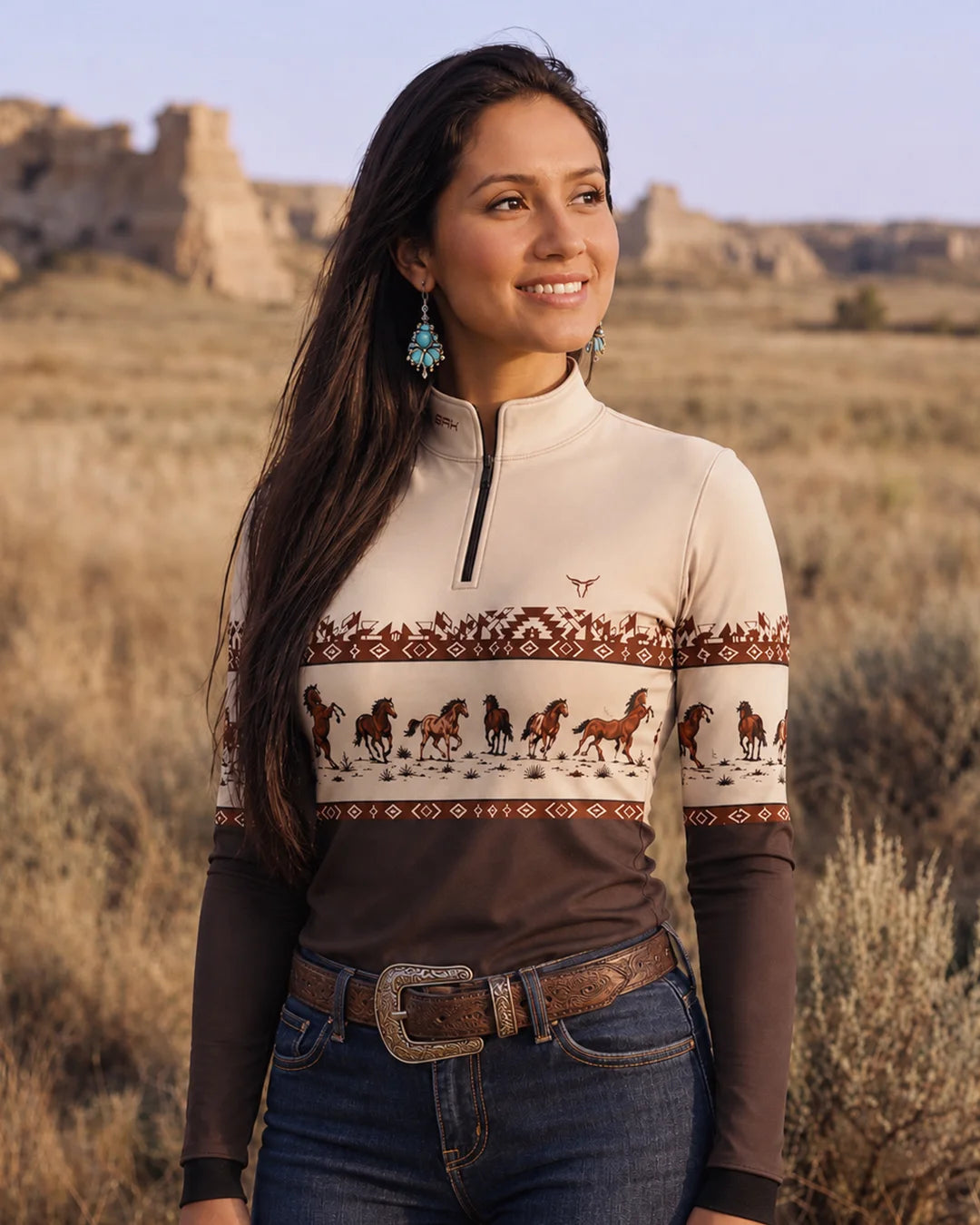 Camisa Feminina Apache Cavalos Marrom com UV50