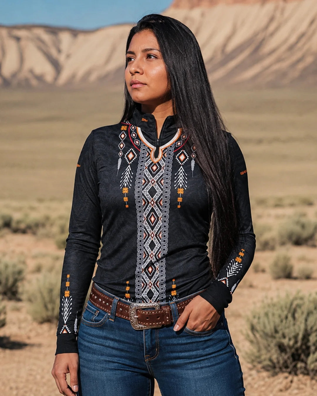 Camisa Feminina Apache Laranja Preta e Branco com UV50