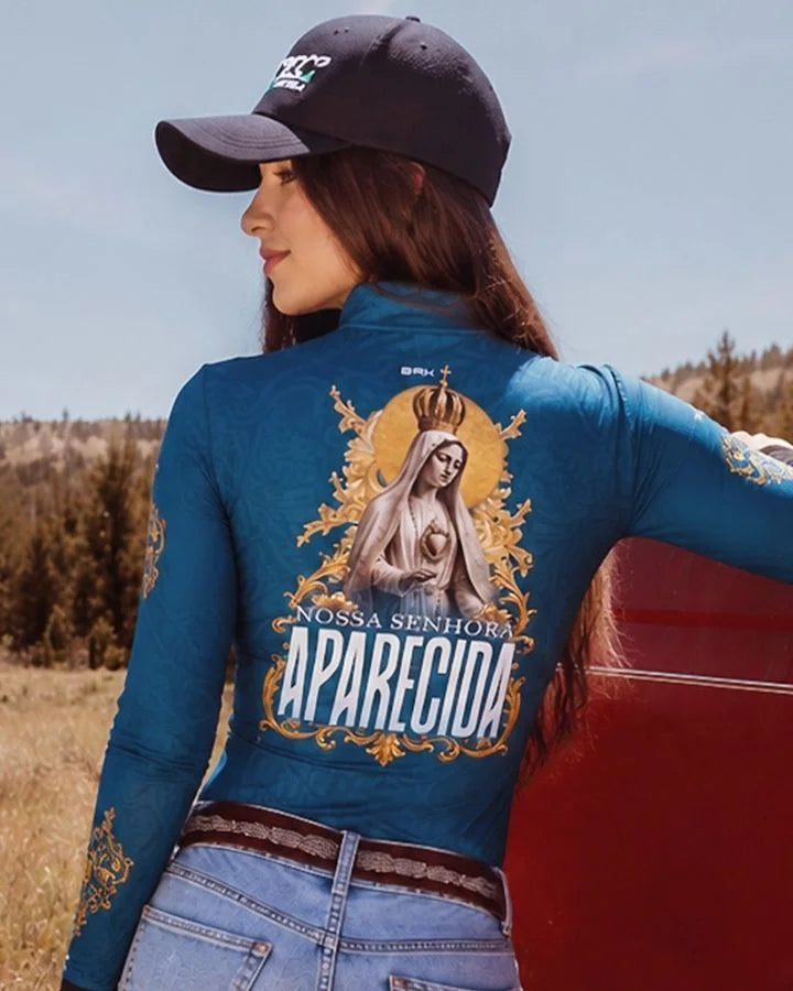 Camisa Feminina Nossa Senhora Aparecida Azul Petróleo com UV50 - Brk Agro