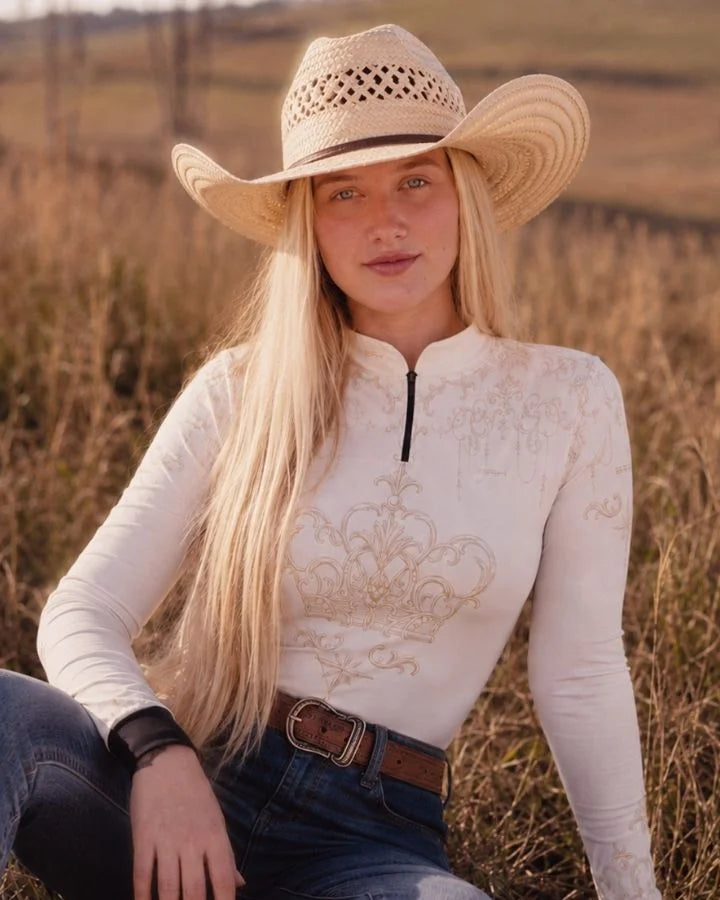 Camisa Feminina Nossa Senhora Aparecida Rainha Creme e Dourado com UV50 - Brk Agro