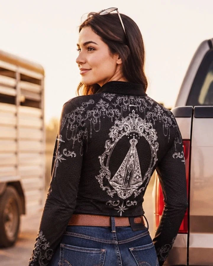 Camisa Feminina Nossa Senhora Aparecida Rainha Preto e Prata com UV50 - Brk Agro