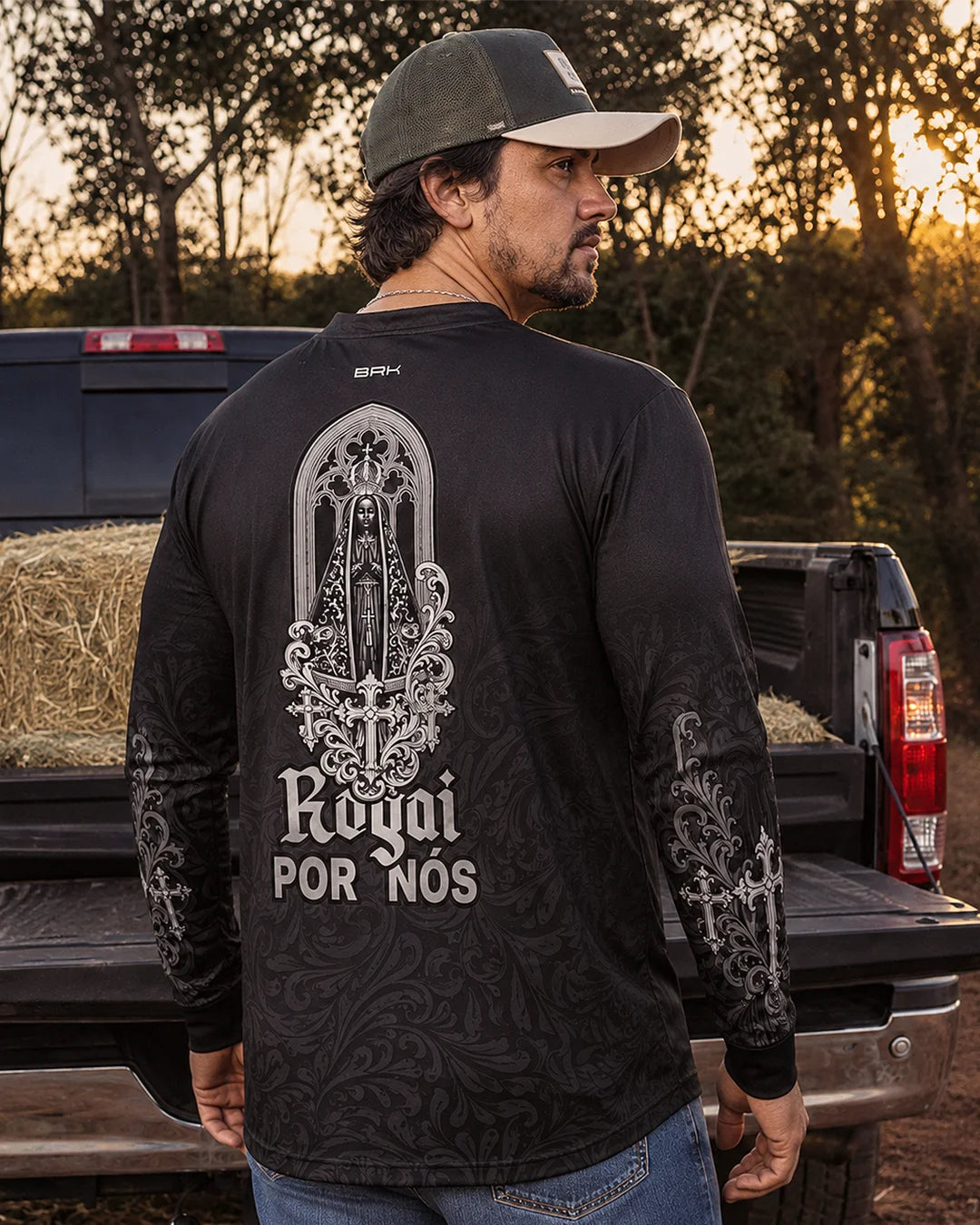 Camisa Nossa Senhora Aparecida Rogai por Nós Preto e Prata com Proteção UV50 - Brk Agro