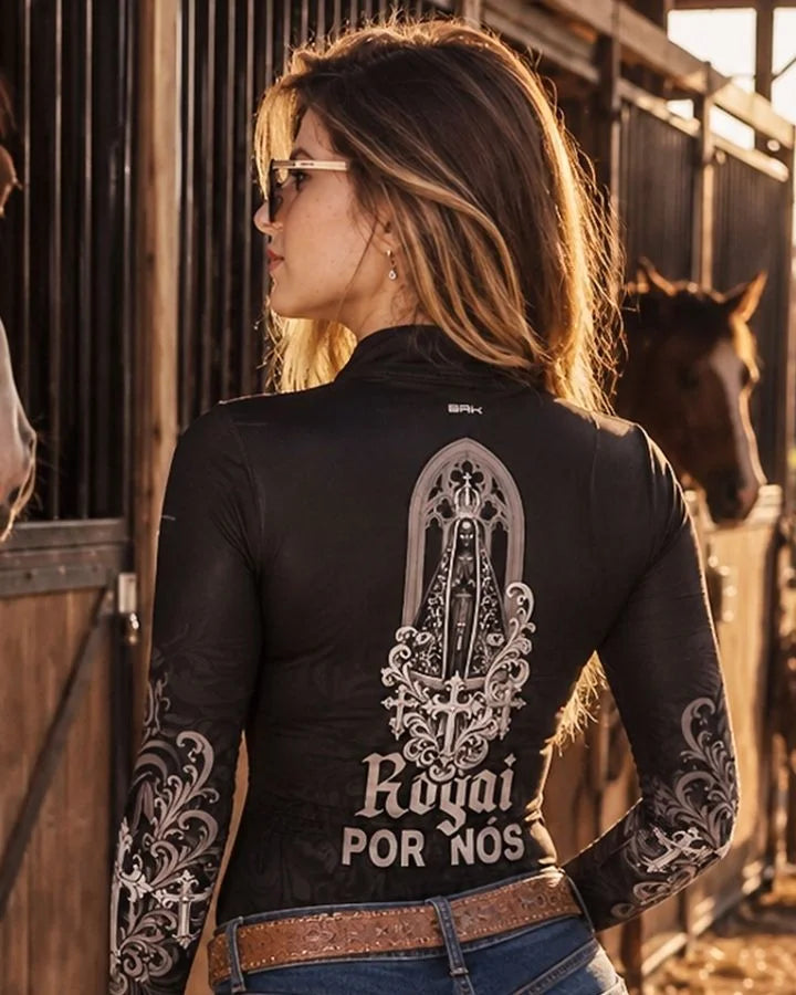 Camisa Feminina Nossa Senhora Aparecida Rogai por Nós Preto e Prata com UV50 - Brk Agro