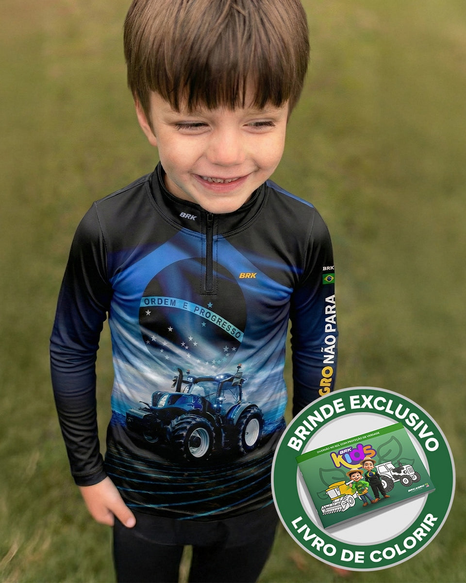 Camisa Agro Infantil Brk O Agro Não Para Azul Proteção Solar UV50+ - Brk Agro