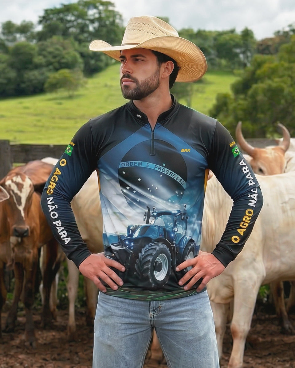 Camisa Agro Brk O Agro Não Para Azul Proteção Solar UV50+ - Brk Agro