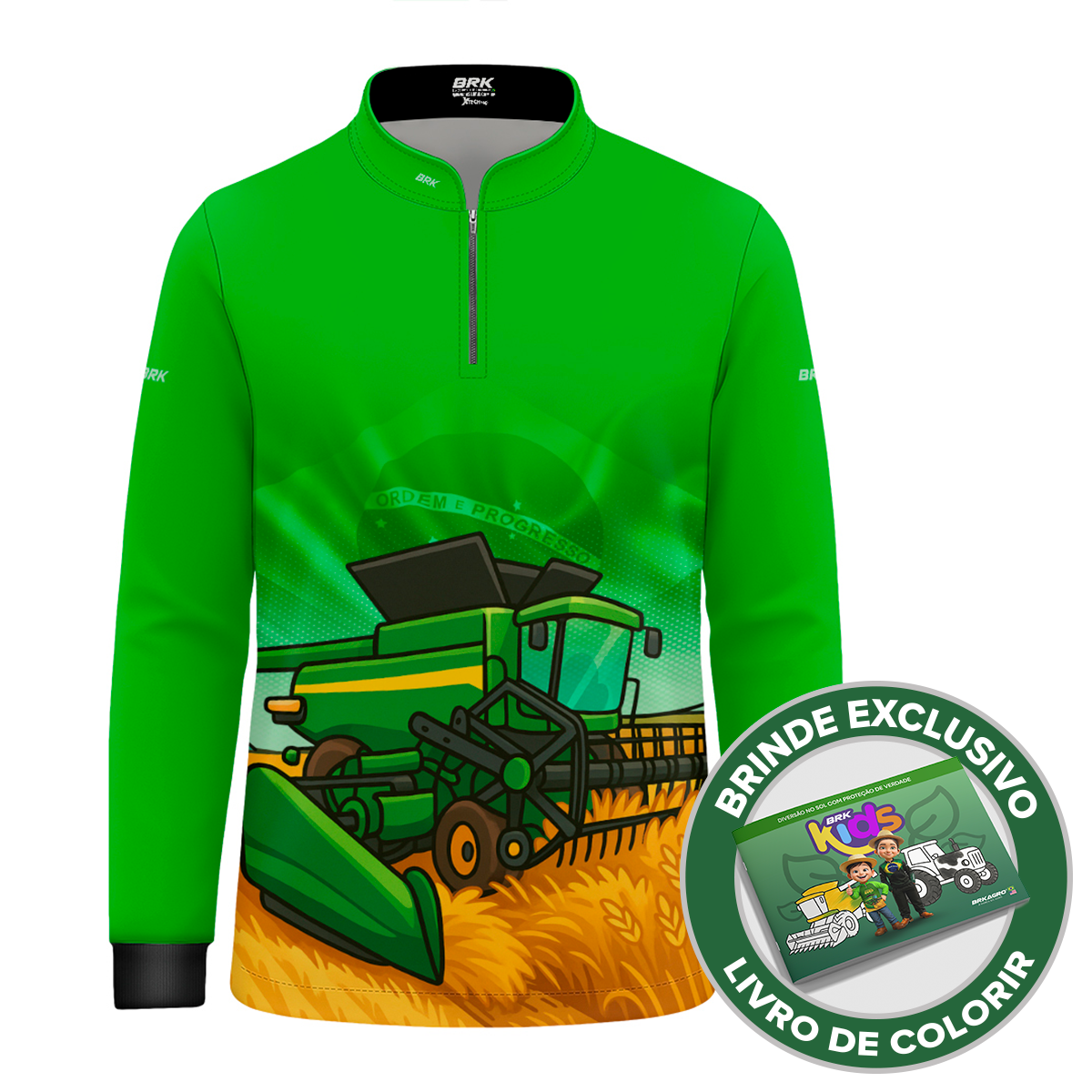 Camisa Agro Kids Brk Verde Colheitadeira com Proteção UV50 + Brinde - Brk Agro