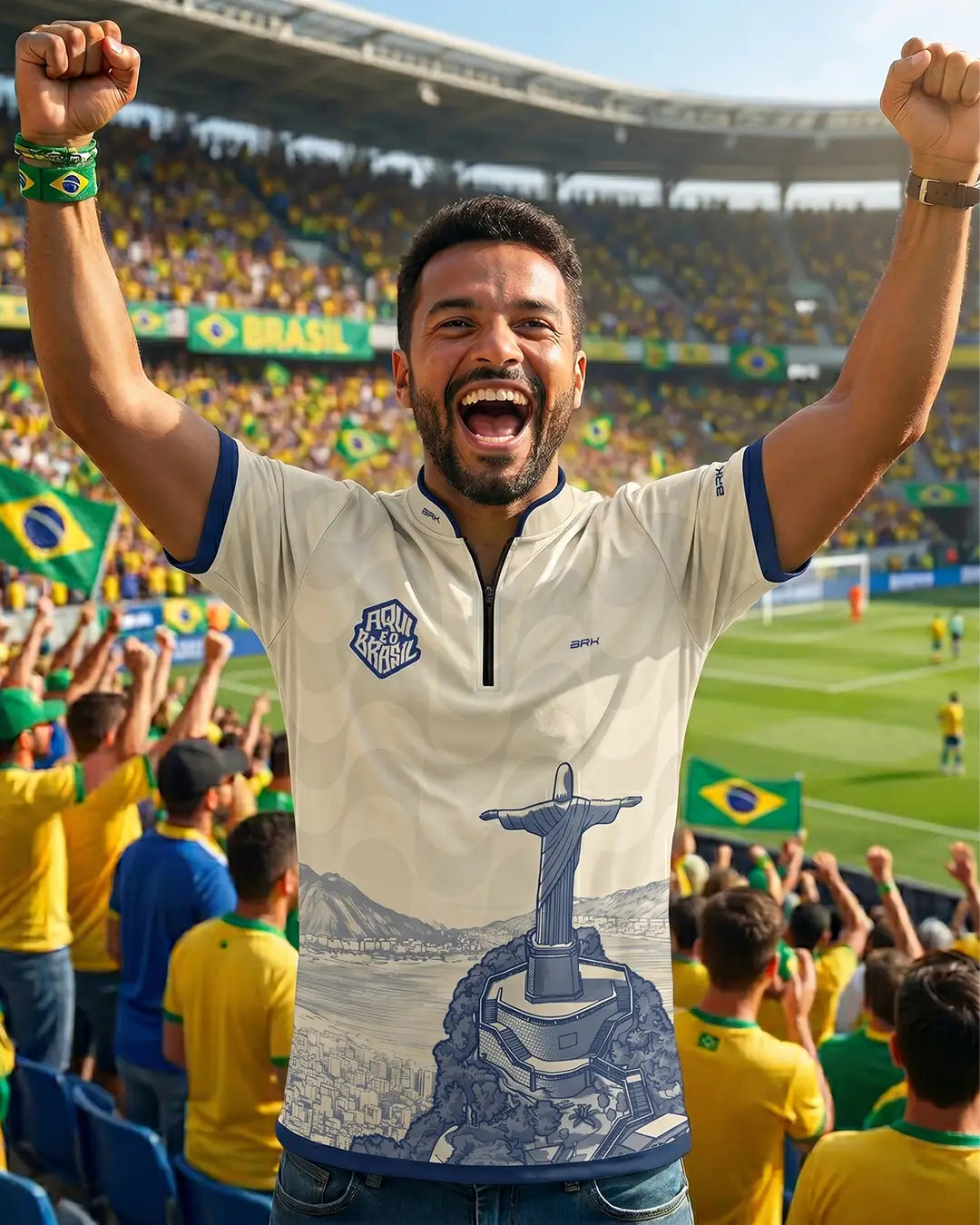 Camiseta Brk Aqui é o Brasil Cristo Redentor Paisagem Bege com Proteção UV50 - Brk Agro