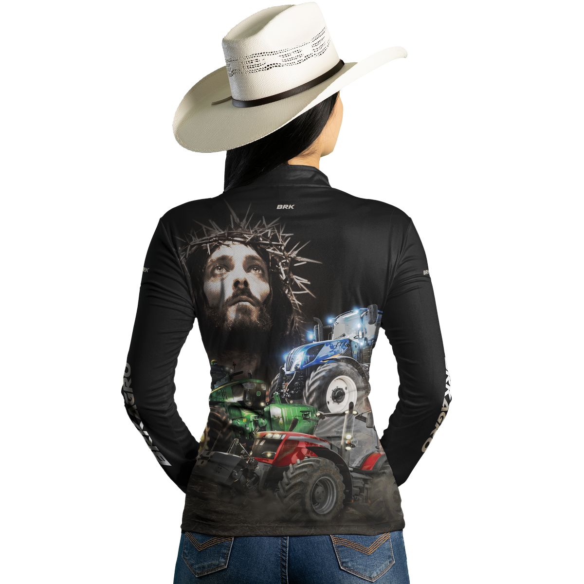 Camisa Agro Feminina Brk Trator Jesus Preta com Proteção Solar UV50+ - Brk Agro