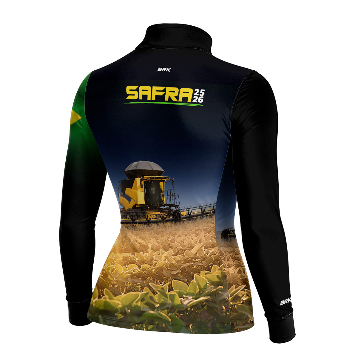 Camisa Agro Feminina Brk Safra Colheitadeira Amarela Brasil Preto com Proteção Solar UV50+ - Brk Agro