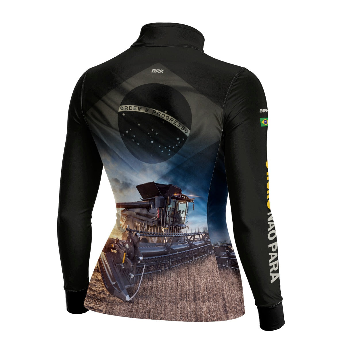 Camisa Agro Feminina Brk Preta Colheitadeira Bandeira do Brasil com Proteção Solar UV50+ - Brk Agro