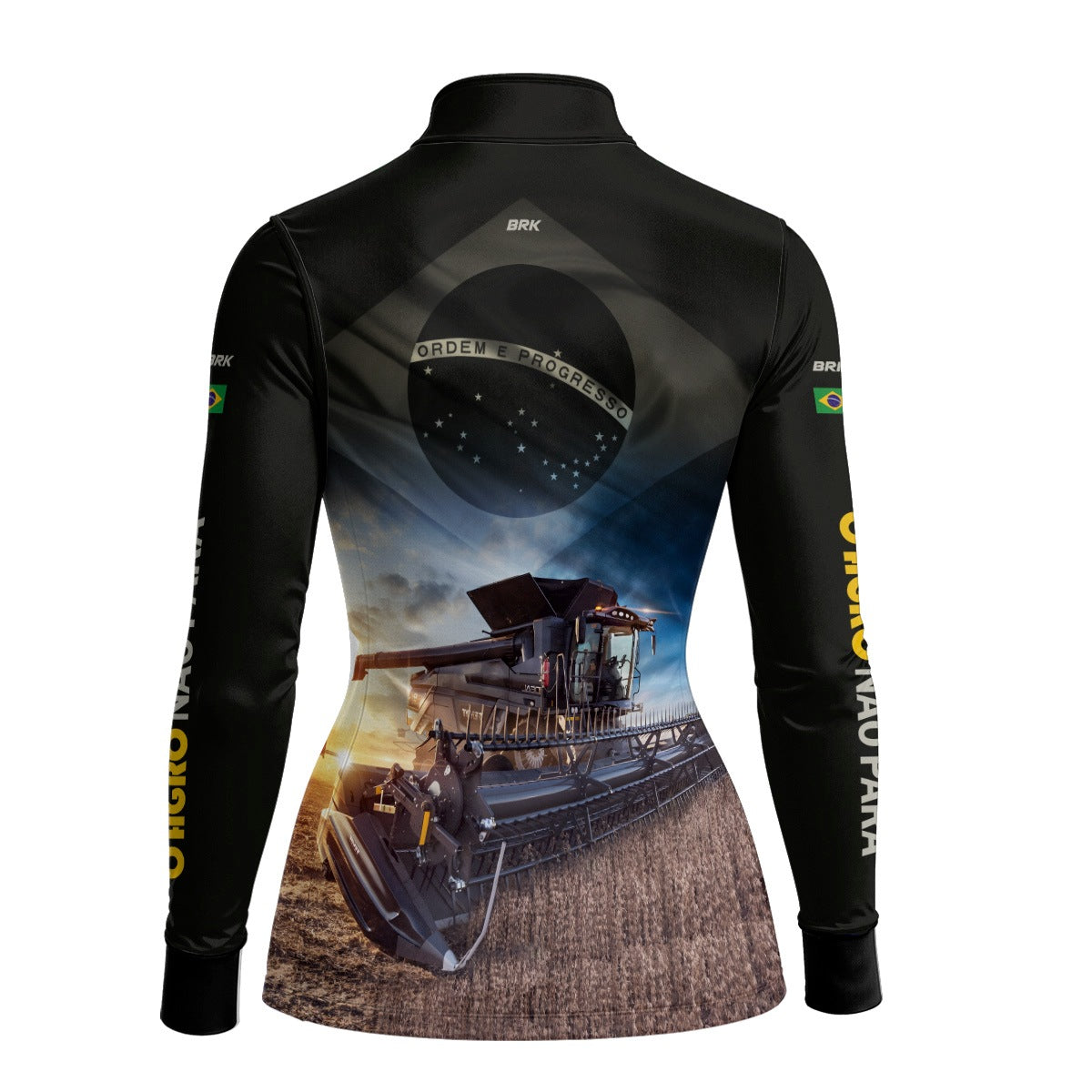 Camisa Agro Feminina Brk Preta Colheitadeira Bandeira do Brasil com Proteção Solar UV50+ - Brk Agro