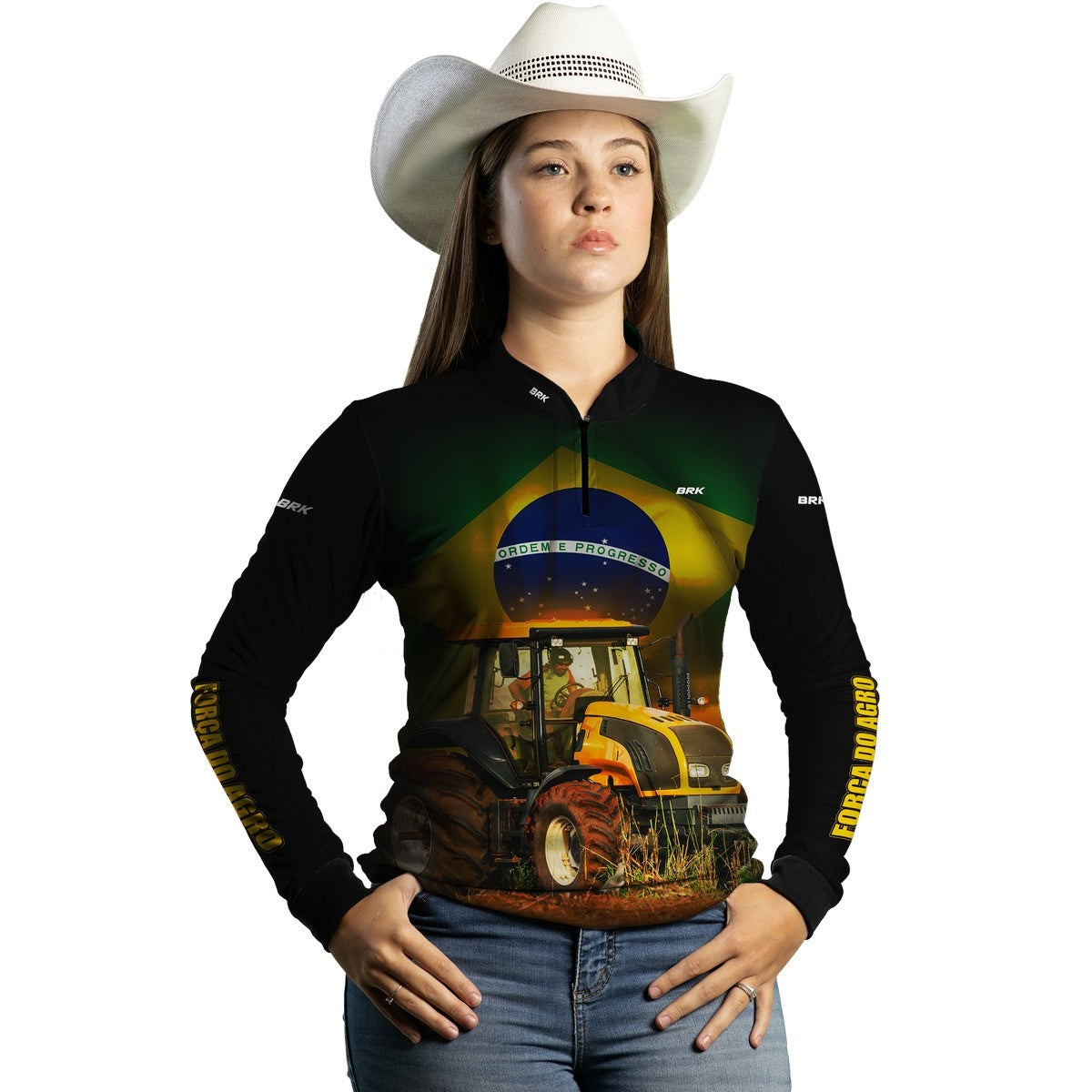 Camisa Feminina Agro Brk Brasil Trator Amarelo com Proteção Solar UV50+ - Brk Agro
