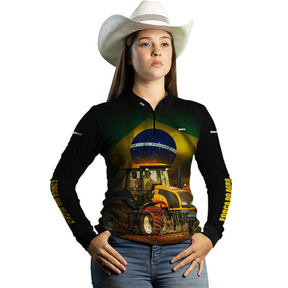 Camisa Feminina Agro Brk Brasil Trator Amarelo com Proteção Solar UV50+ - Brk Agro