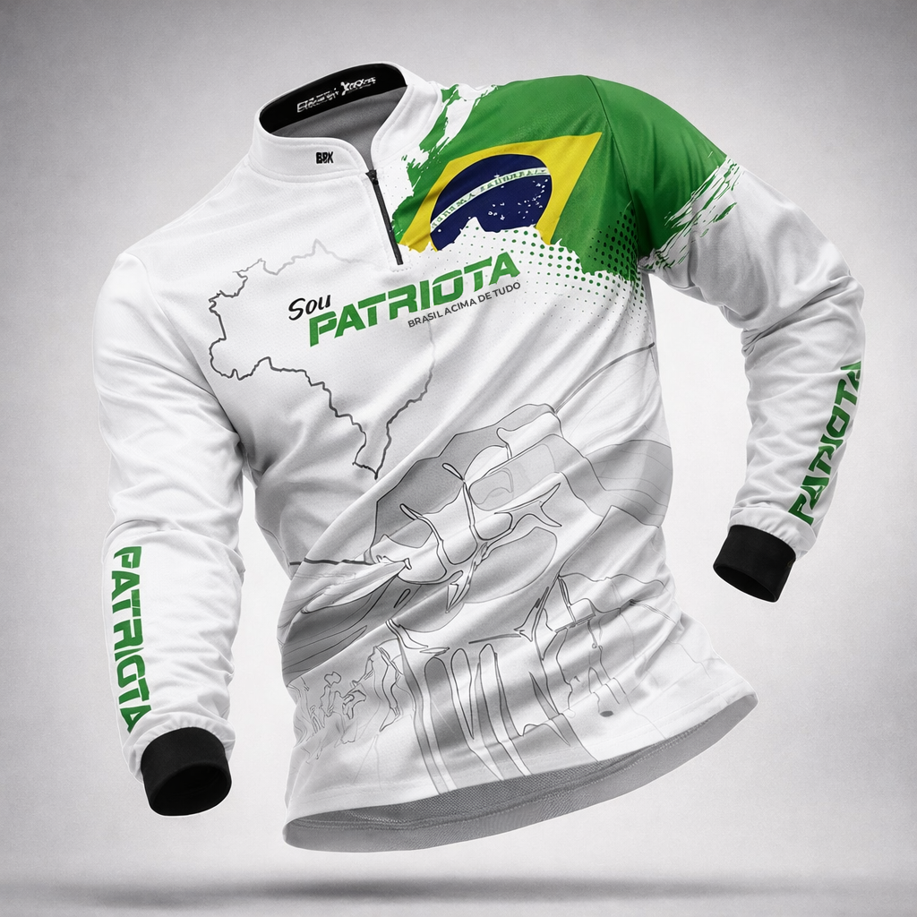 Camisa Agro Brk Básica Patriota Bandeira do Brasil Branca com Proteção UV50+