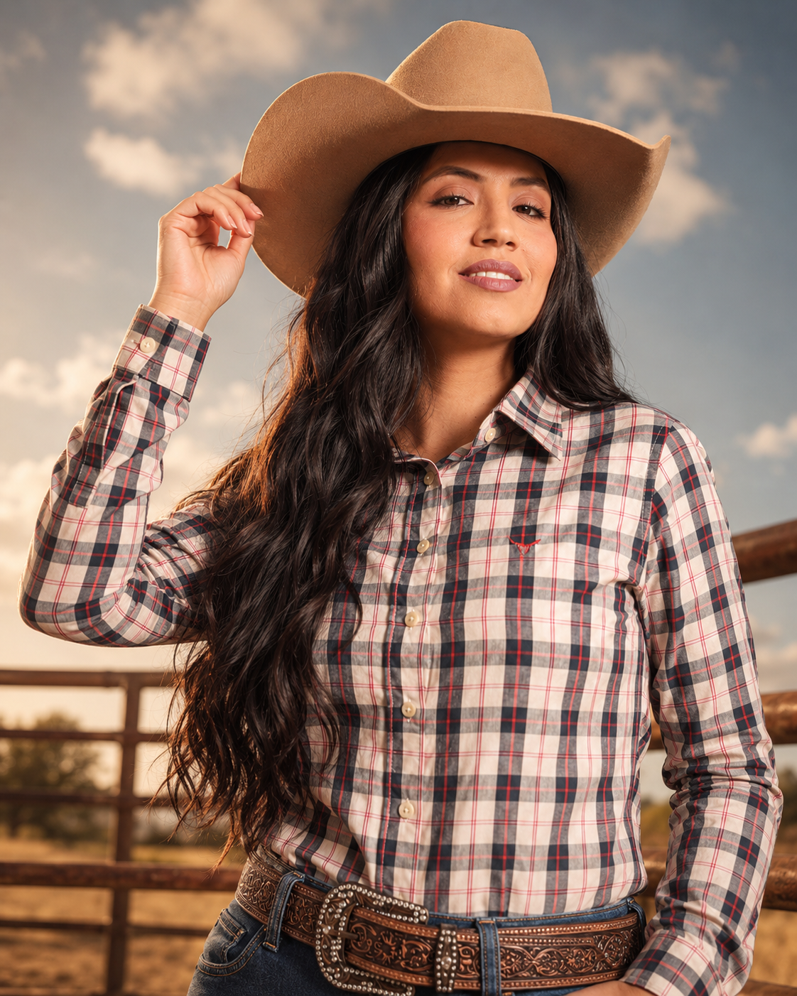 Camisa Xadrez Feminina Ranch Azul/Vermelho - Manga Longa - Brk Agro