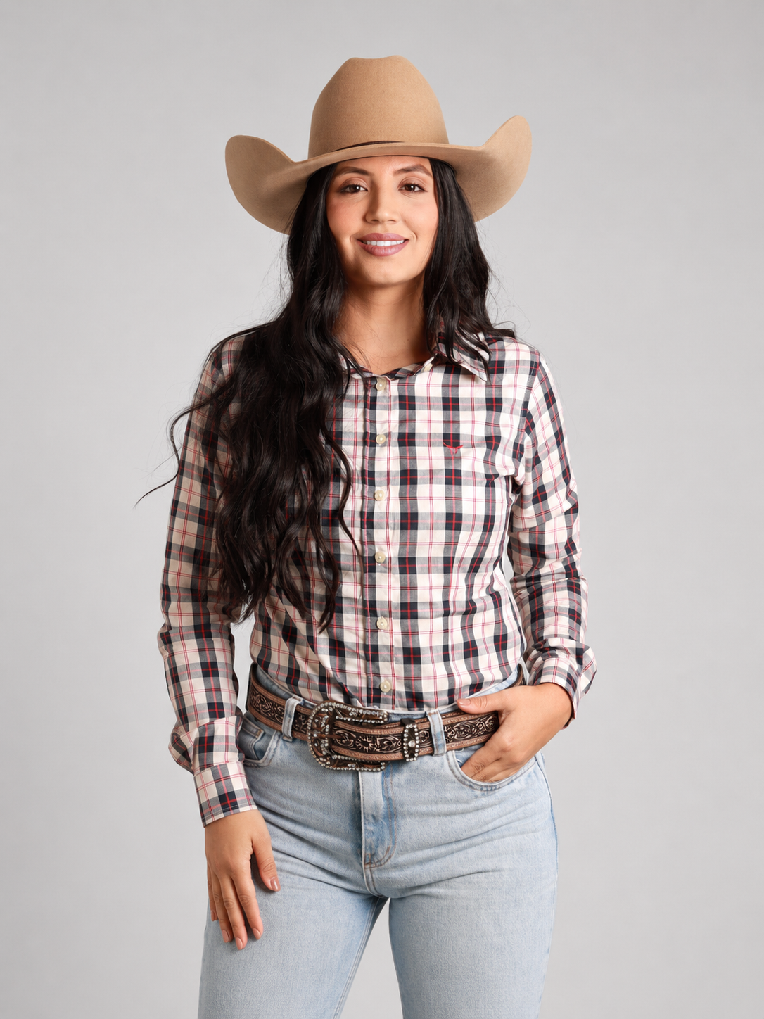 Camisa Xadrez Feminina Ranch Azul/Vermelho - Manga Longa - Brk Agro