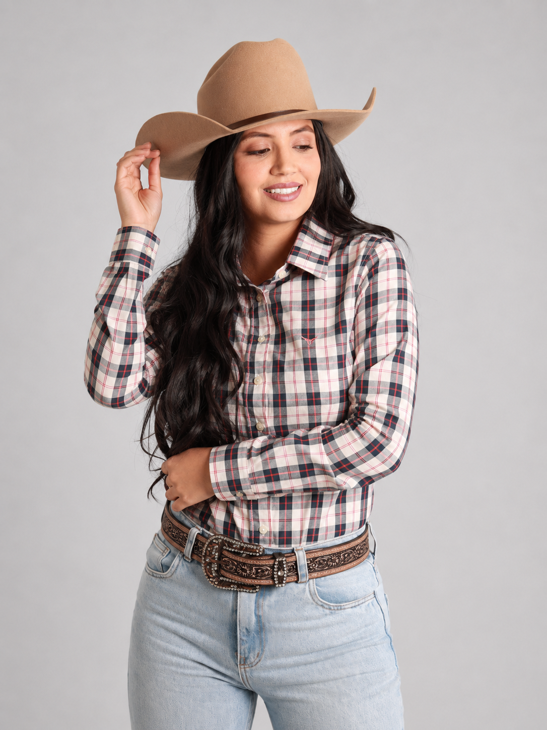 Camisa Xadrez Feminina Ranch Azul/Vermelho - Manga Longa - Brk Agro