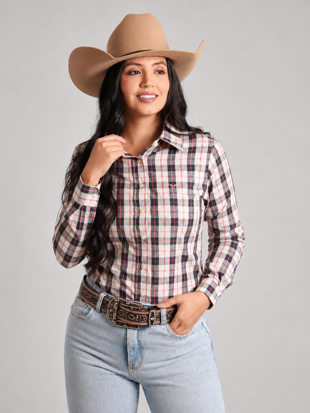 Camisa Xadrez Feminina Ranch Azul/Vermelho - Manga Longa - Brk Agro