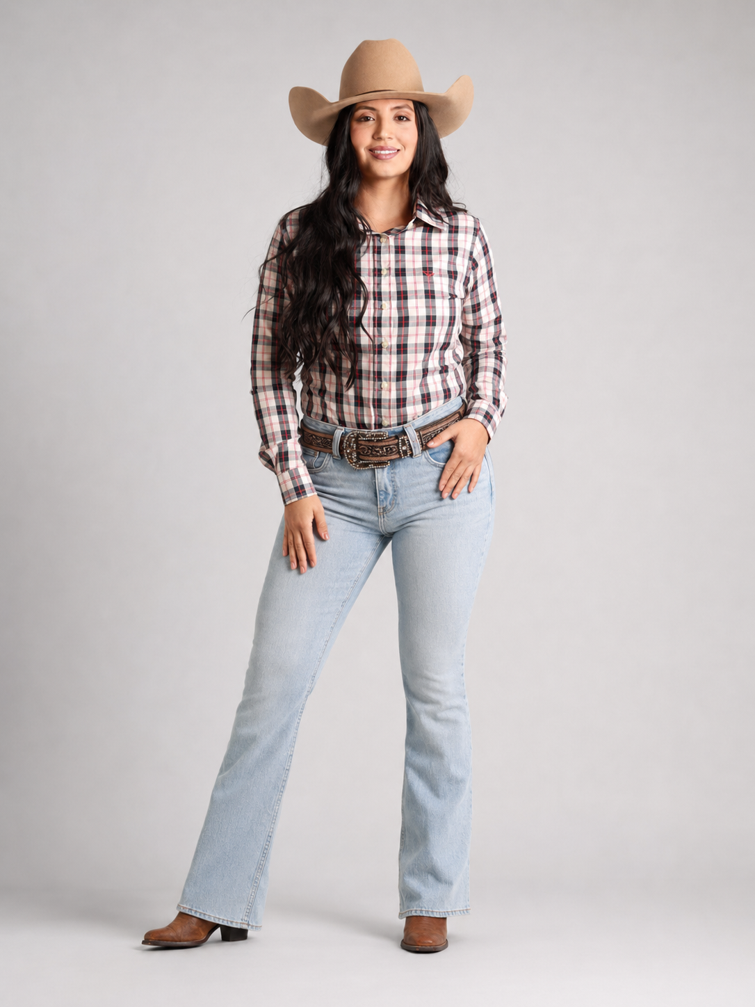 Camisa Xadrez Feminina Ranch Azul/Vermelho - Manga Longa - Brk Agro