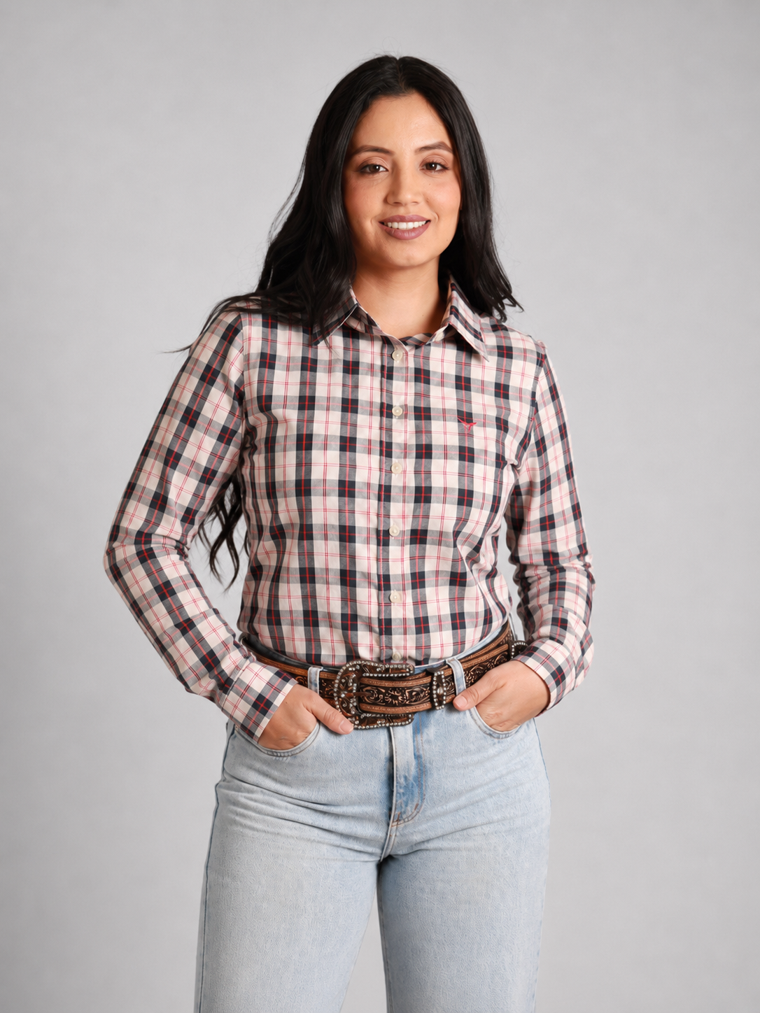 Camisa Xadrez Feminina Ranch Azul/Vermelho - Manga Longa - Brk Agro