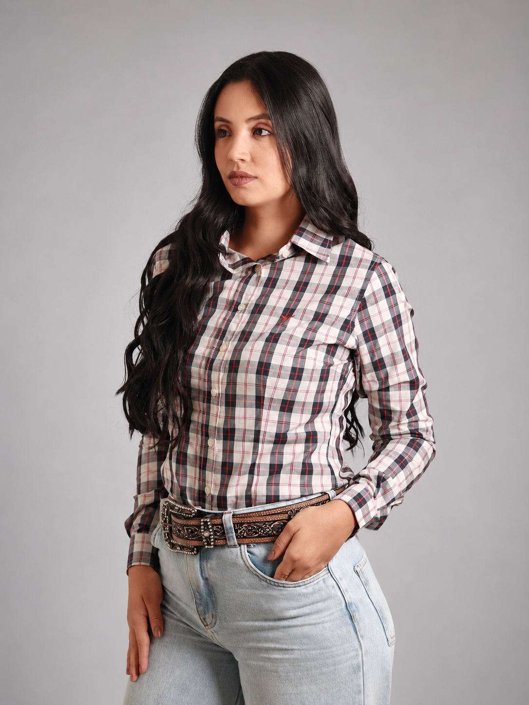 Camisa Xadrez Feminina Ranch Azul/Vermelho - Manga Longa - Brk Agro