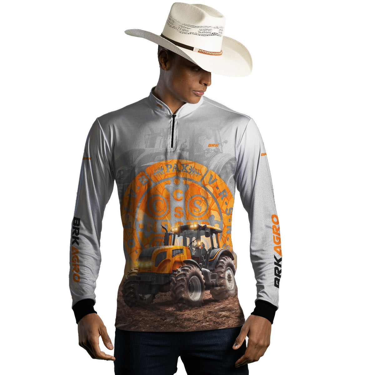 Camisa Agro Brk Trator São Bento Laranja e Branco com Proteção Solar UV50+ - BRK AGRO