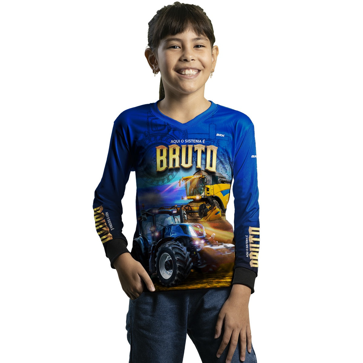Camisa Infantil Agro Brk Sistema é Bruto Trator Azul com UV50+ - Brk Agro