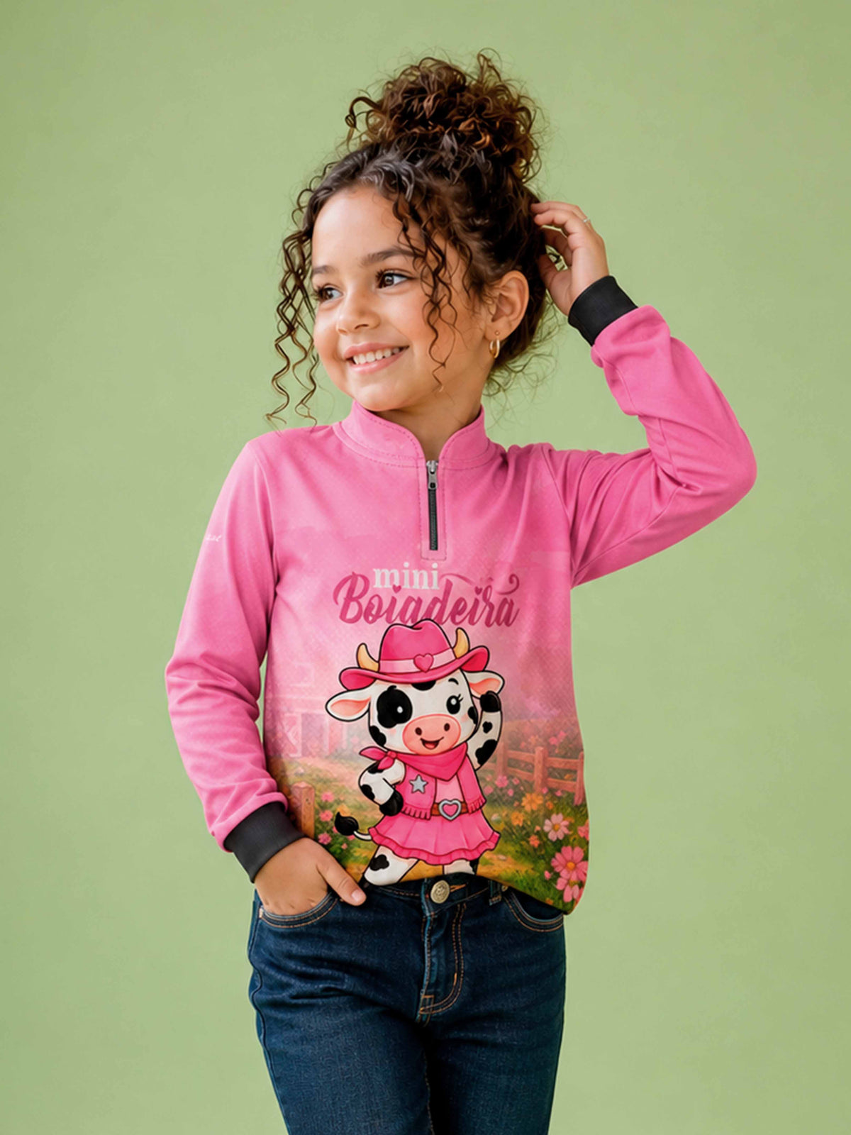 Camisa Agro Kids Mini Boiadeira Vaquinha Cowgirl Rosa com Proteção UV50