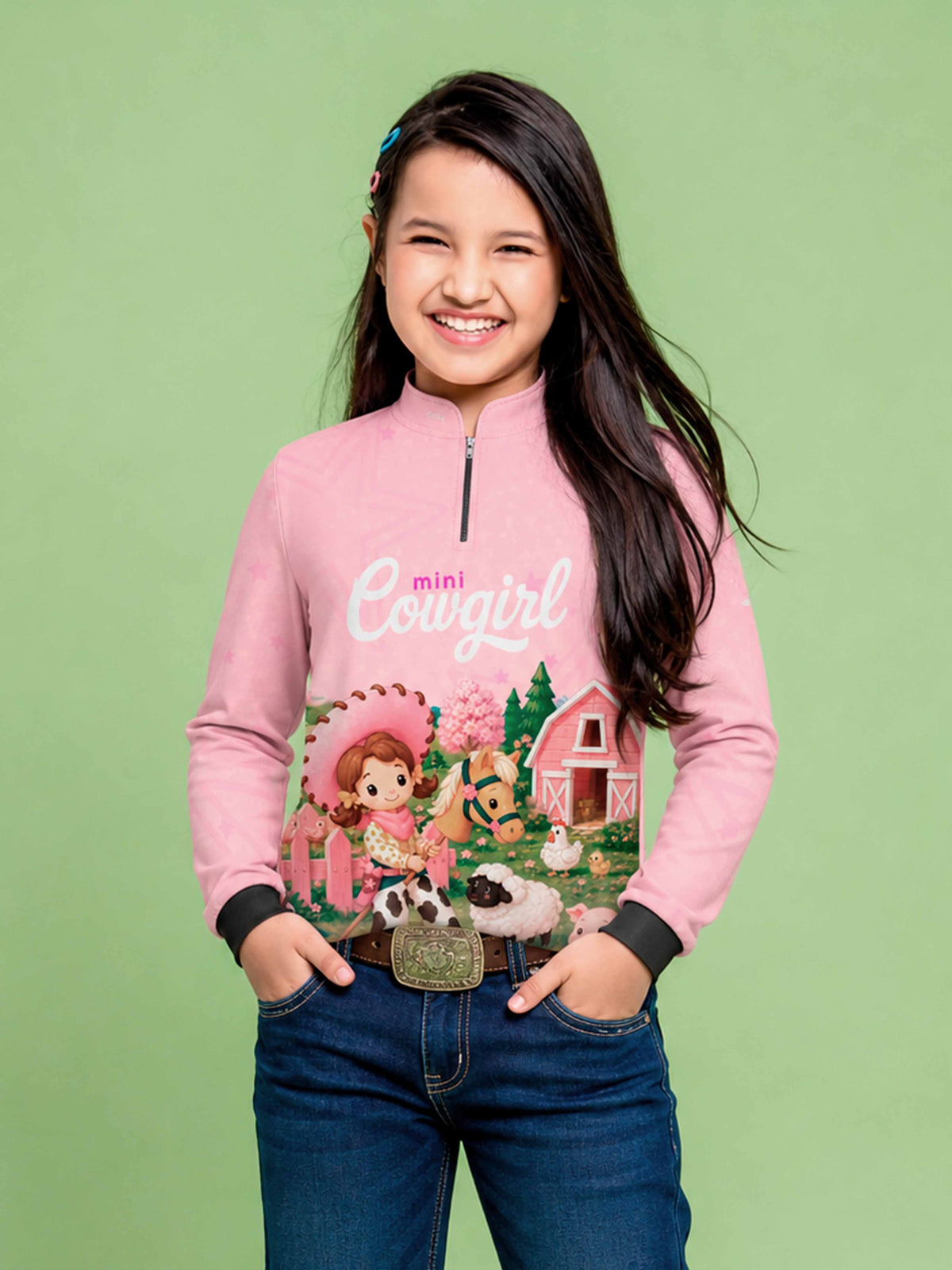Camisa Agro Kids Mini Cowgirl Fazendinha Rosa Claro com Proteção UV50