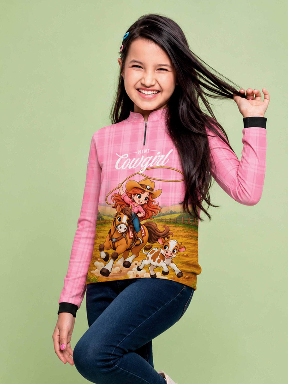 Camisa Agro Kids Mini Cowgirl Menina Country Rosa com Proteção UV50