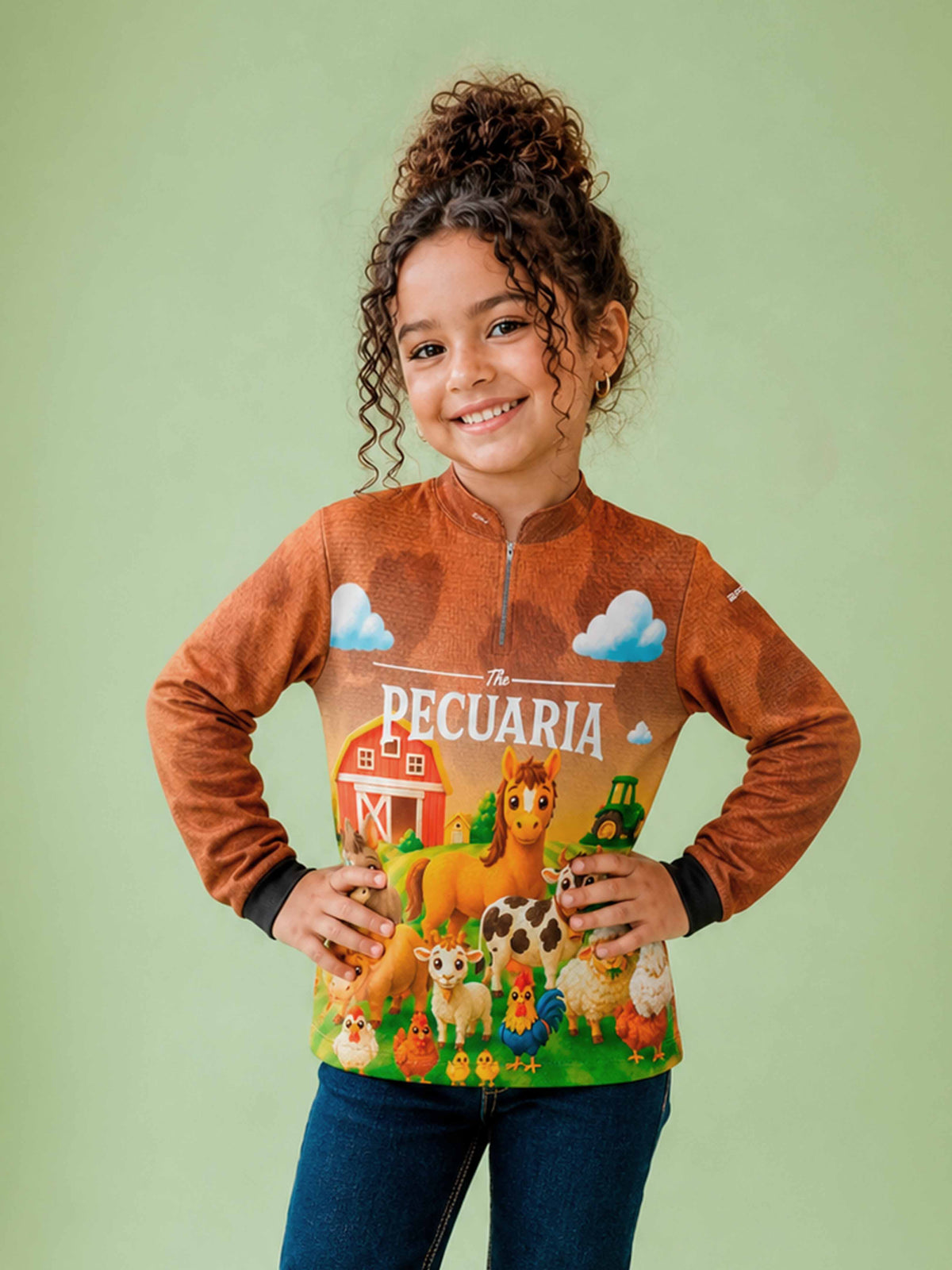 Camisa Agro Kids Pecuária Animais da Fazenda Marrom com Proteção UV50