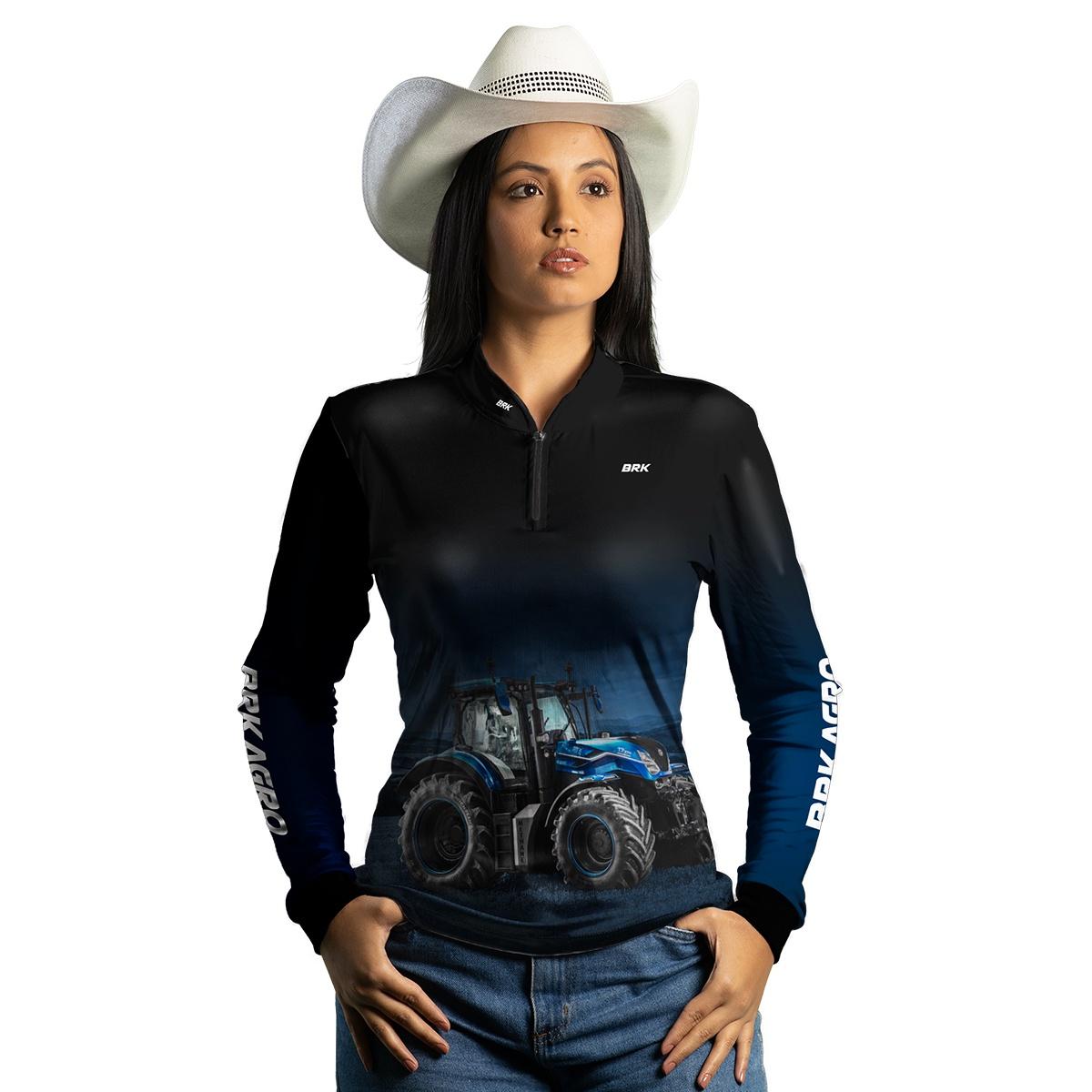 Camisa Feminina Agro Brk Preta Degradê Azul Trator T7 com Proteção Solar UV50+ - Brk Agro