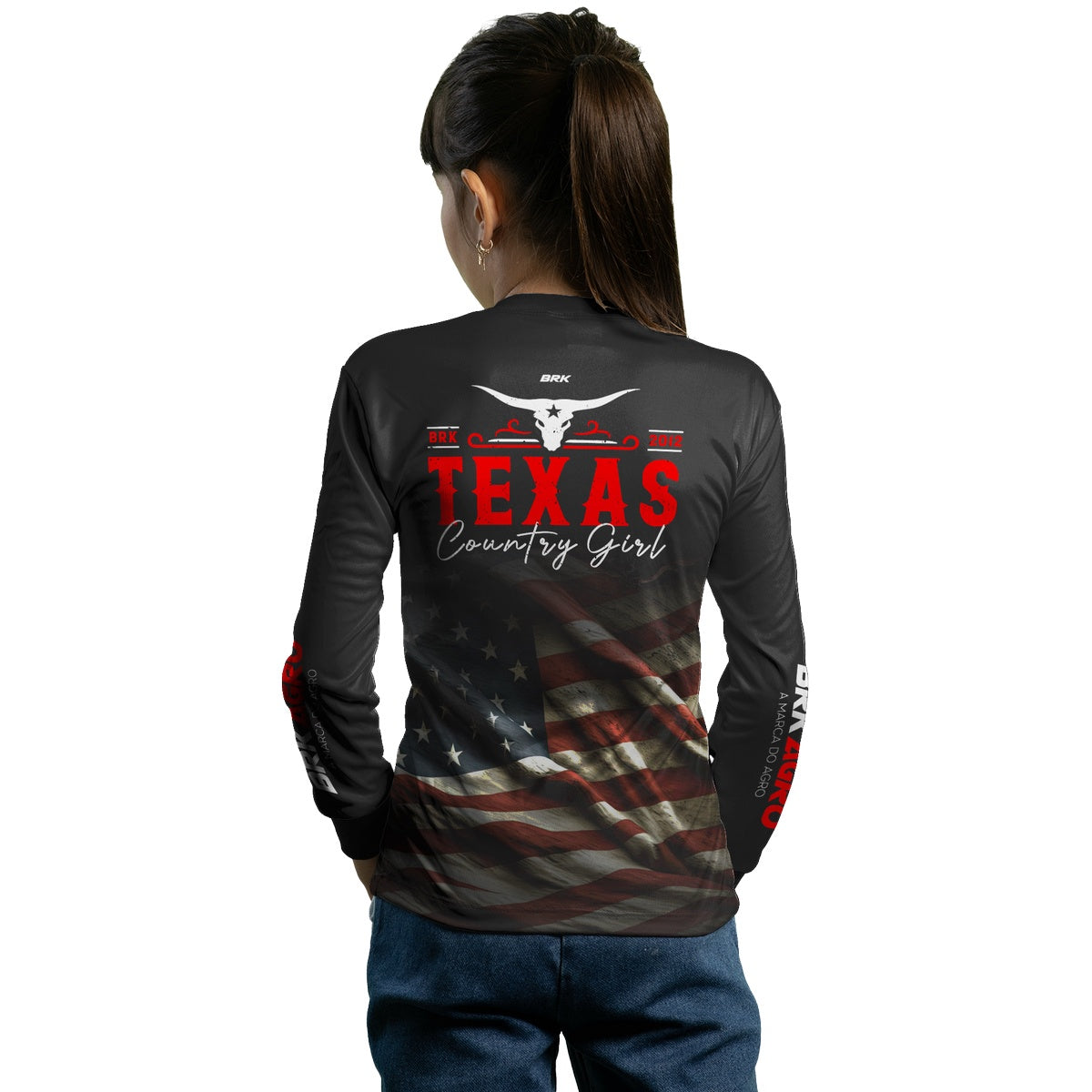 Camisa Infantil Agro Feminina Brk Texas Country Girl EUA Preta com Proteção UV50+ - Brk Agro