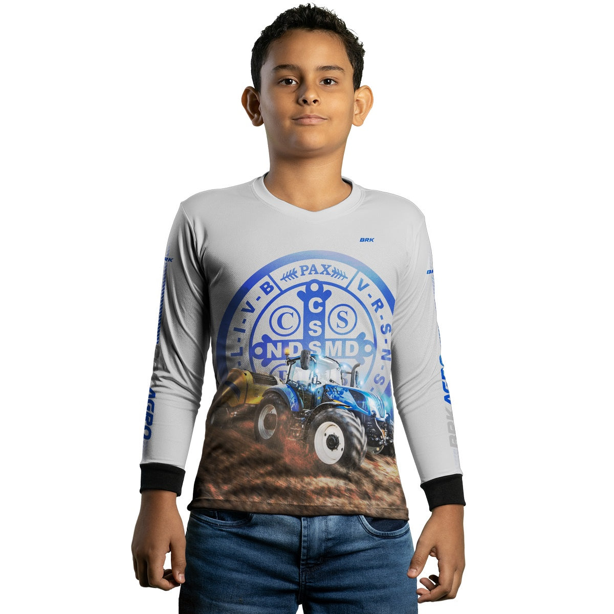 Camisa Agro Brk Trator Azul e Branco São Bento com Proteção Solar UV50+ - BRK AGRO