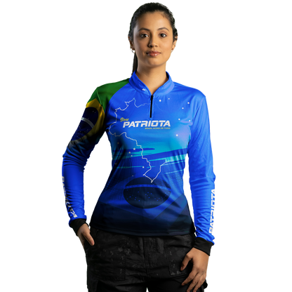 Camisa Agro Feminina Brk Básica Patriota Azul Bandeira do Brasil com Proteção UV50+