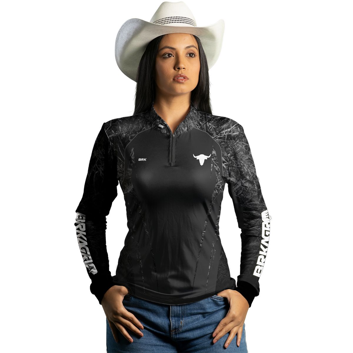 Camisa Agro Feminina Brk Camuflado Real Tree Preta com Proteção Solar UV50+ - Brk Agro