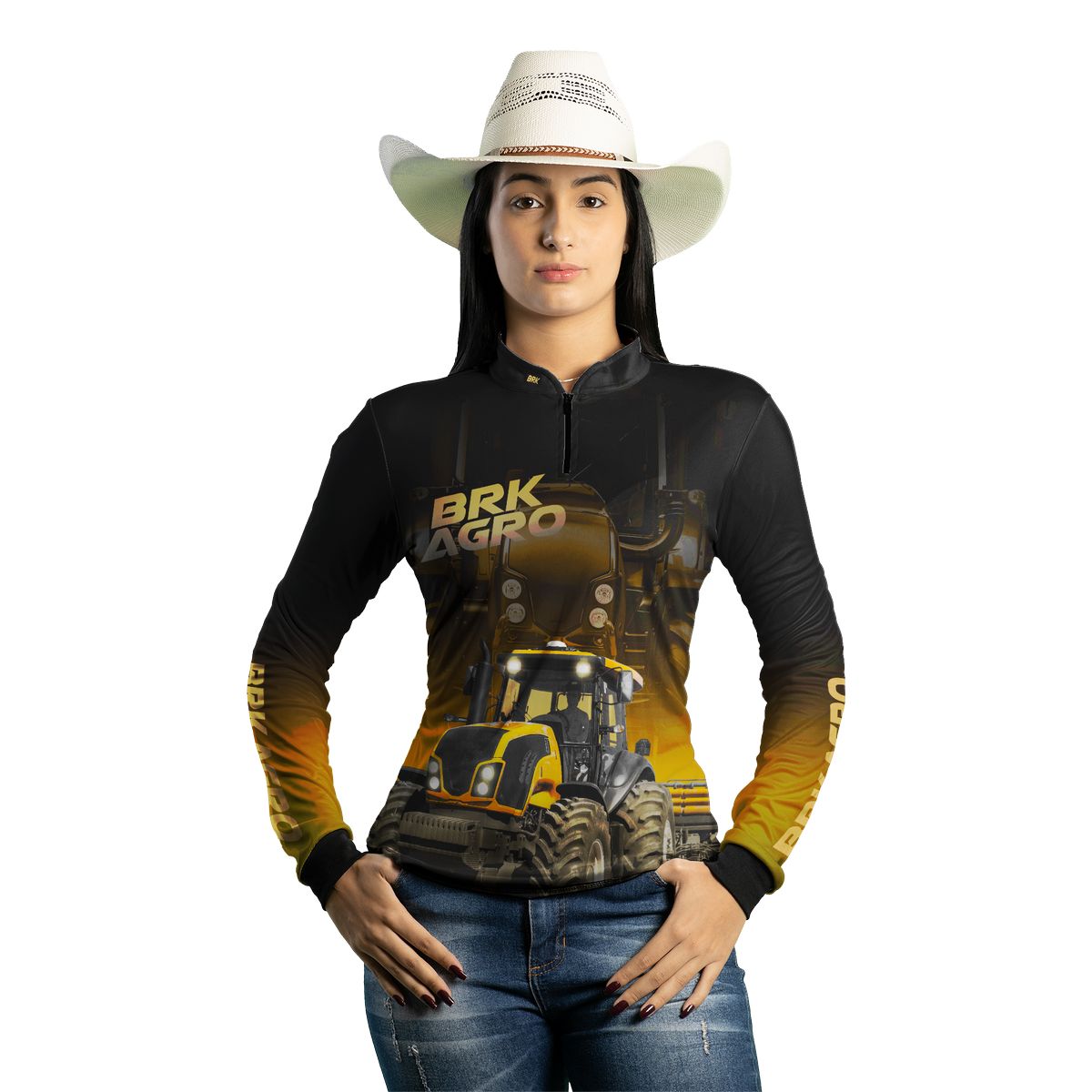 Camisa Agro Feminina Brk Trator BM115 Preto e Amarelo com Proteção Solar UV50+ - Brk Agro