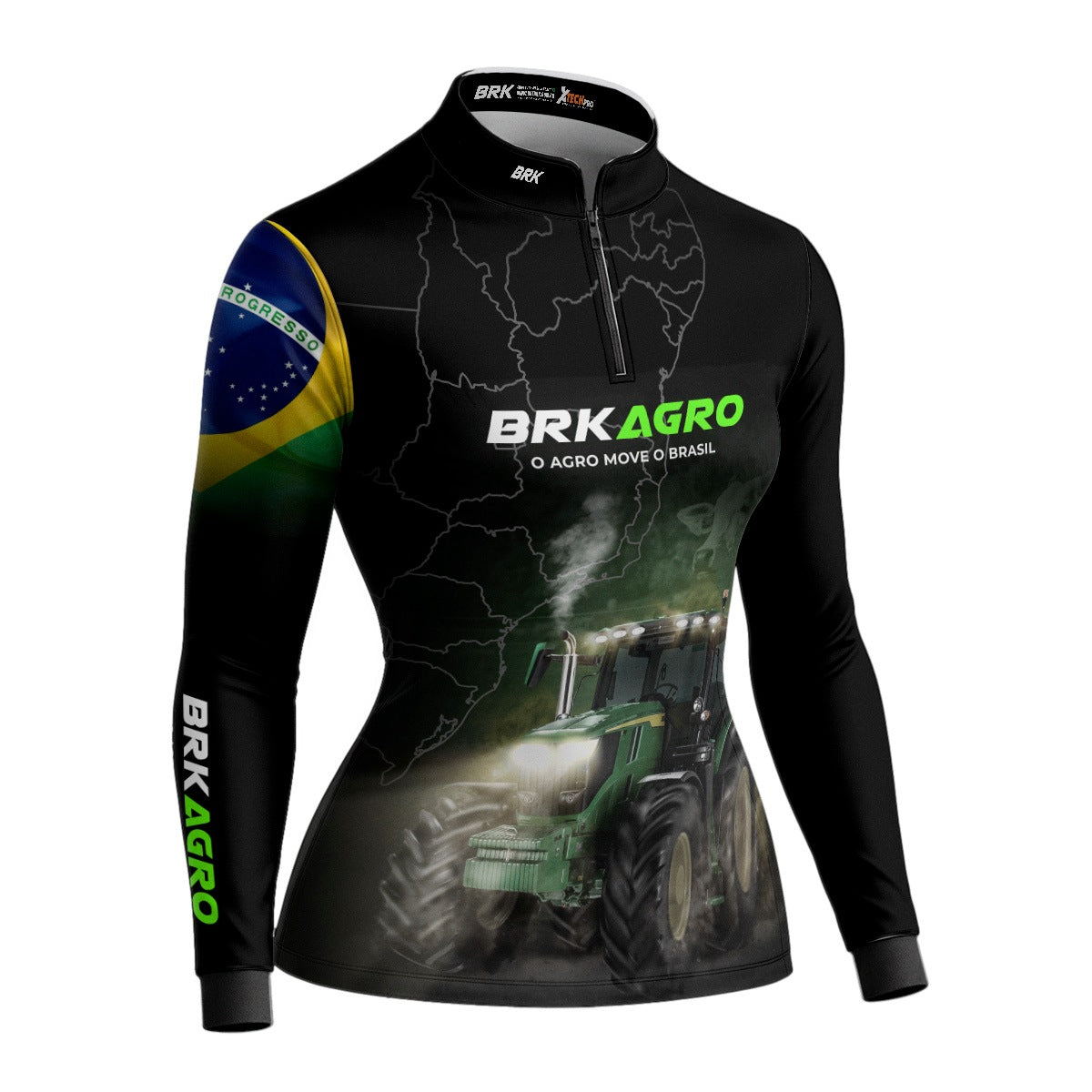 Camisa Agro Feminina Brk Preta O Agro Move o Brasil Trator com Proteção Solar UV50+ - Brk Agro