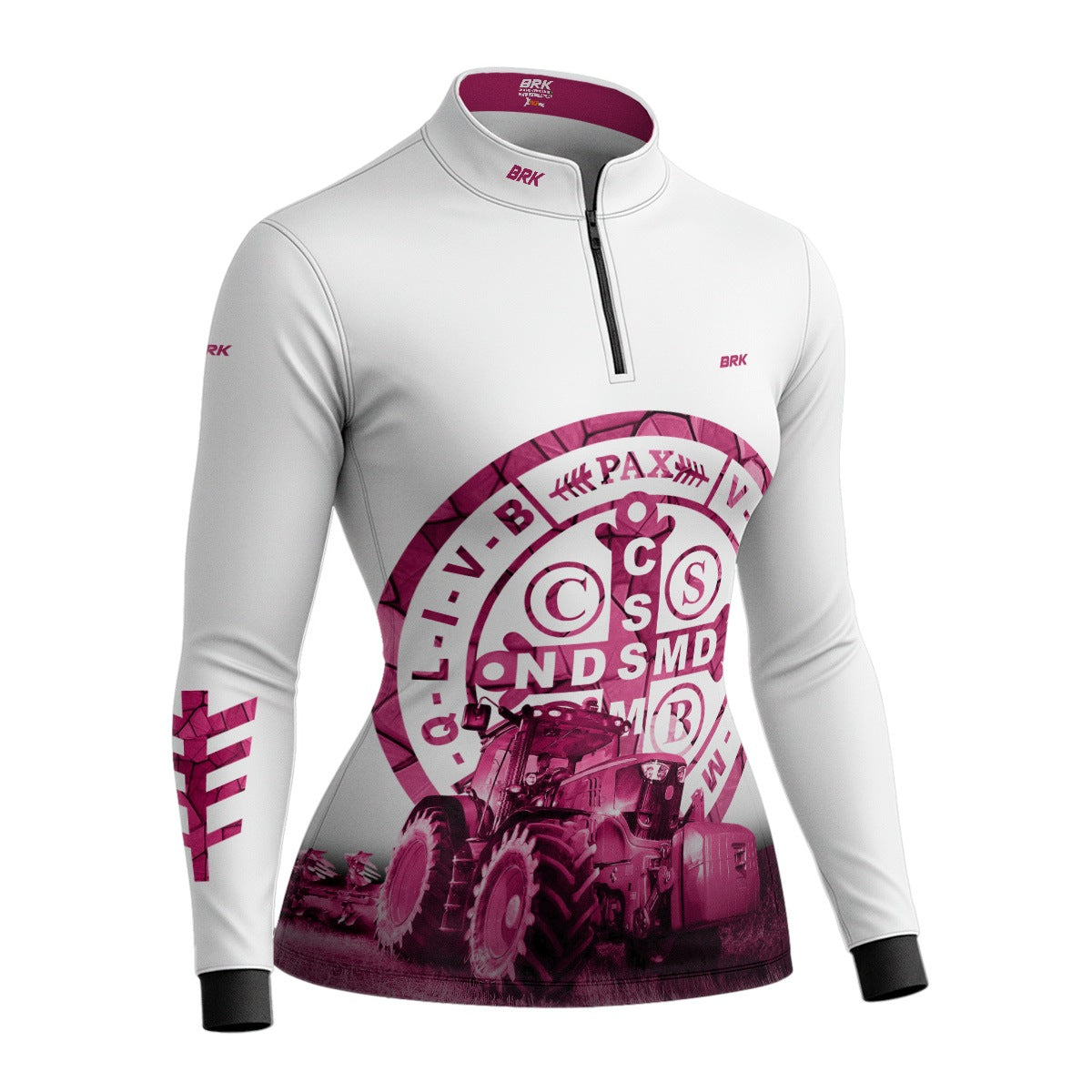 Camisa Agro Feminina Medalhão de São Bento Branco e Rosa UV50+ - Brk Agro