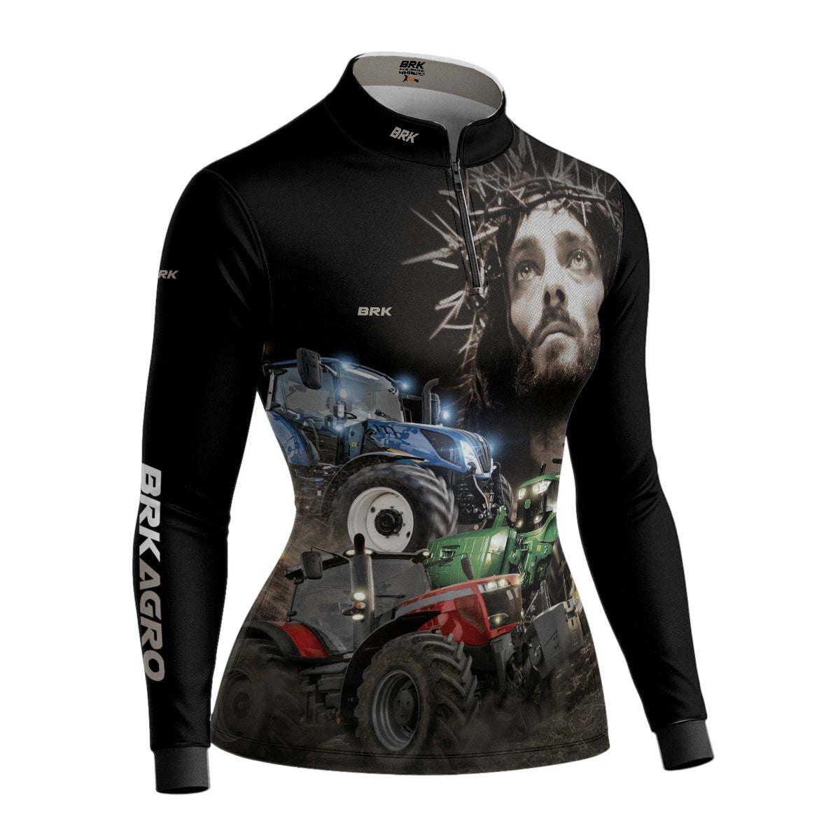 Camisa Agro Feminina Brk Trator Jesus Preta com Proteção Solar UV50+ - Brk Agro