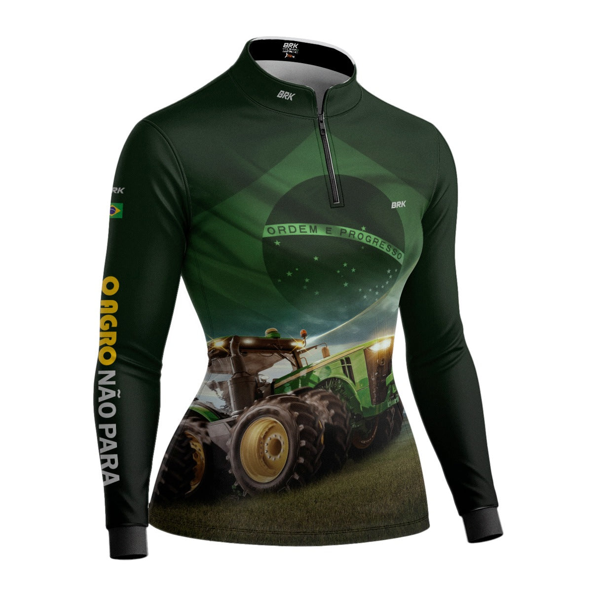 Camisa Agro Feminina Brk Verde Trator Bandeira do Brasil com Proteção Solar UV50+ - Brk Agro