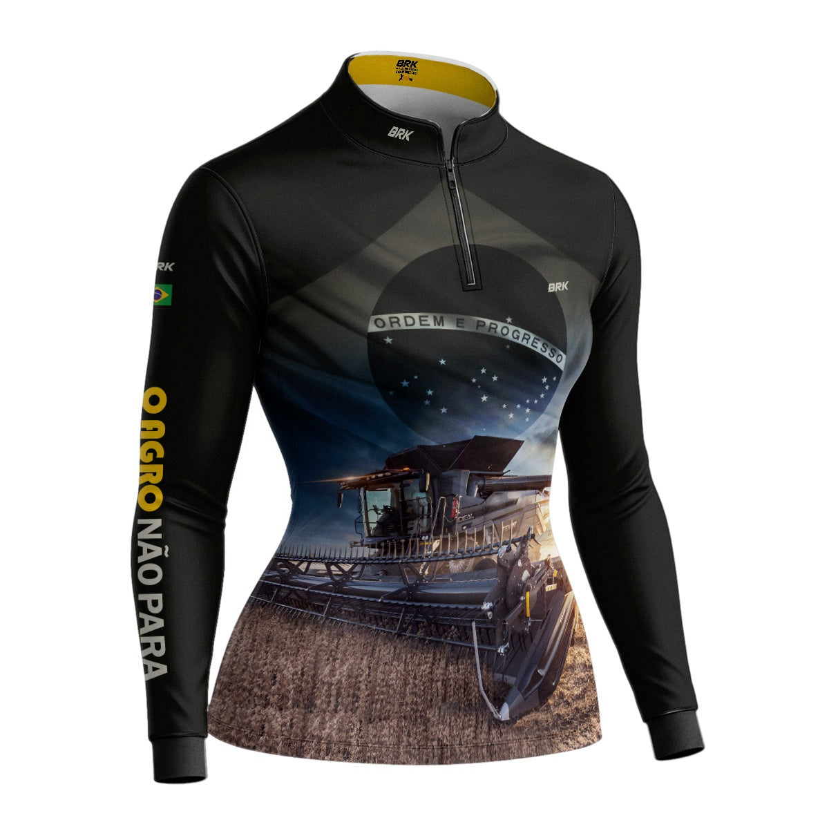 Camisa Agro Feminina Brk Preta Colheitadeira Bandeira do Brasil com Proteção Solar UV50+ - Brk Agro