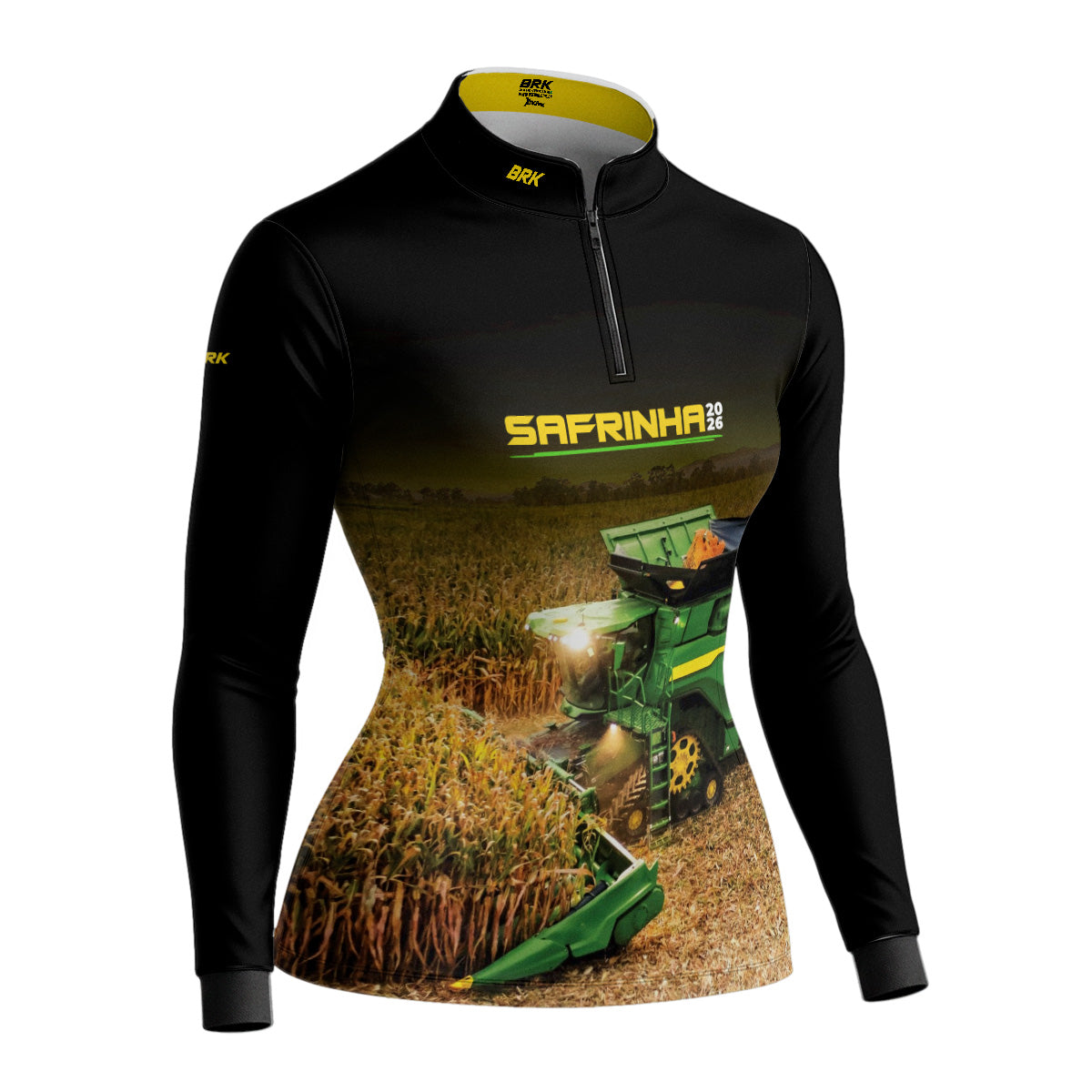 Camisa Agro Feminina Brk Safrinha Colheitadeira de Milho Preto com Proteção Solar UV50+ - Brk Agro