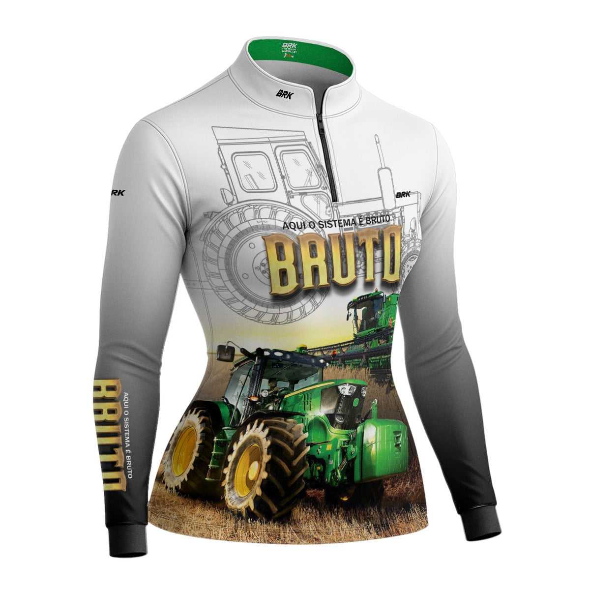 Camisa Feminina Branca Brk John Deere Aqui o Sistema é Bruto com Proteção Solar UV50+ - Brk Agro