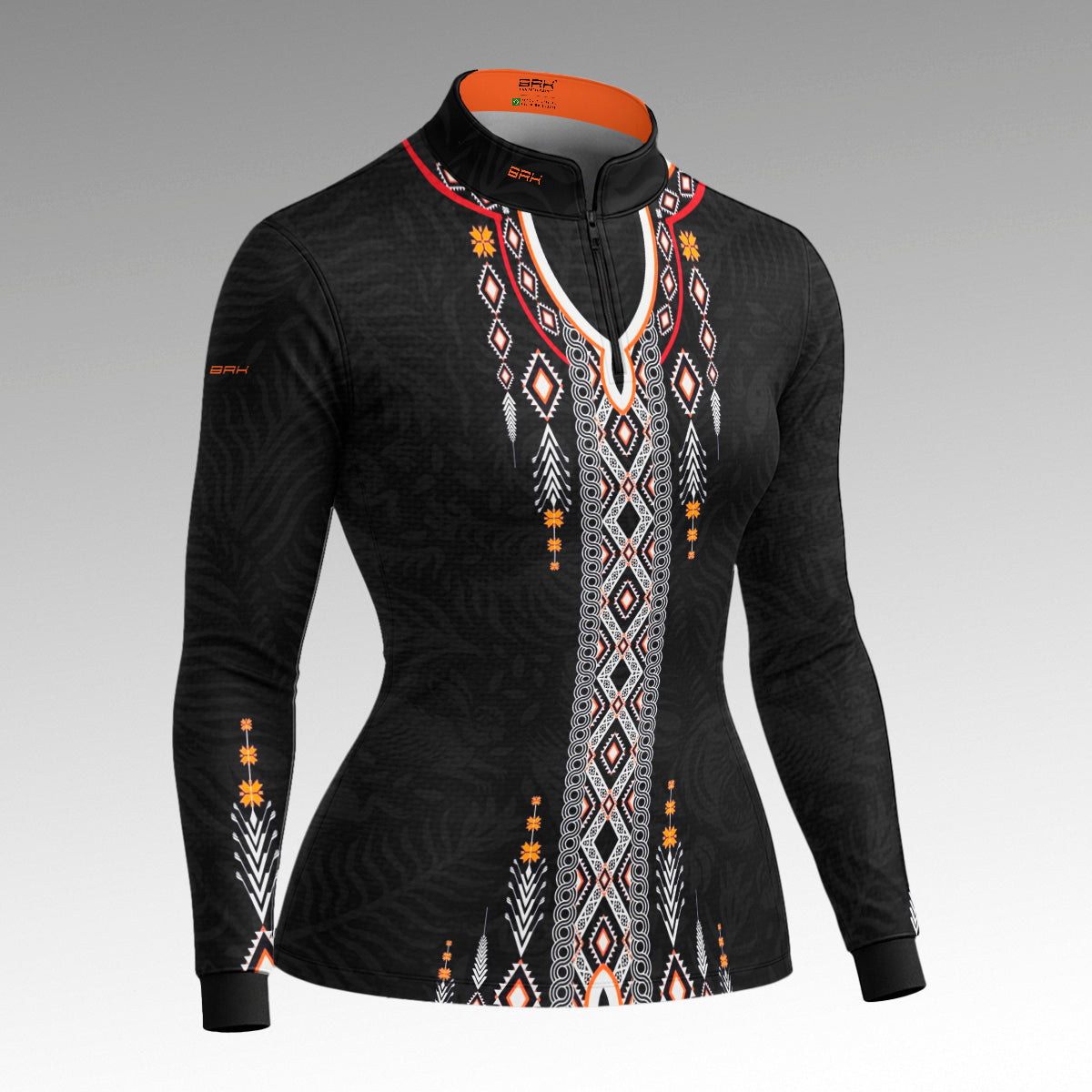 Camisa Feminina Apache Laranja Preta e Branco com UV50