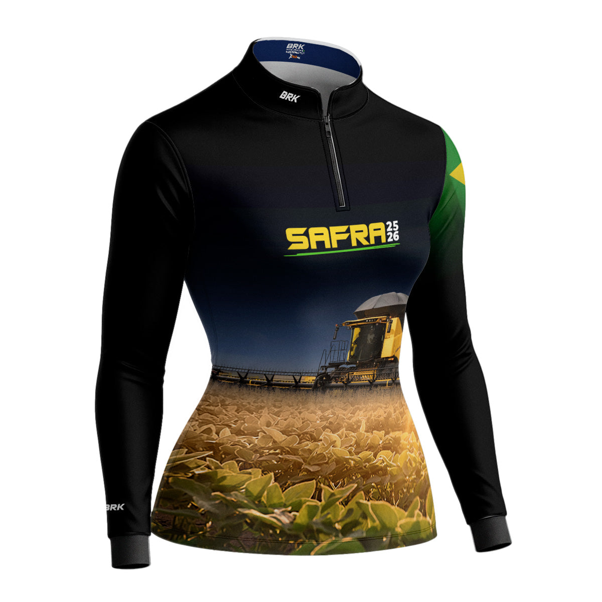 Camisa Agro Feminina Brk Safra Colheitadeira Amarela Brasil Preto com Proteção Solar UV50+ - Brk Agro