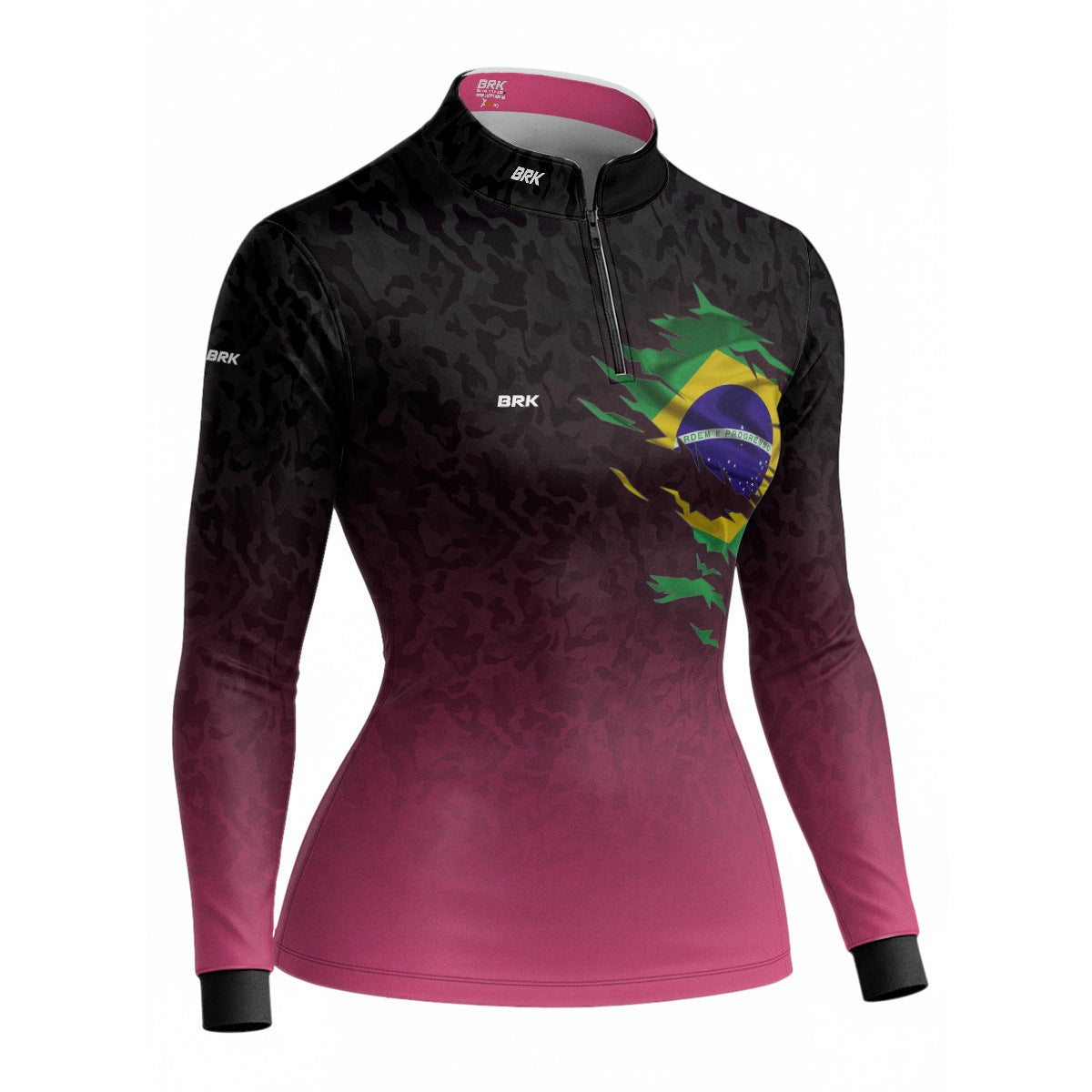Camisa Feminina Agro Brk Camuflado Preto e Rosa Bandeira do Brasil com Proteção Solar UV50+ - Brk Agro
