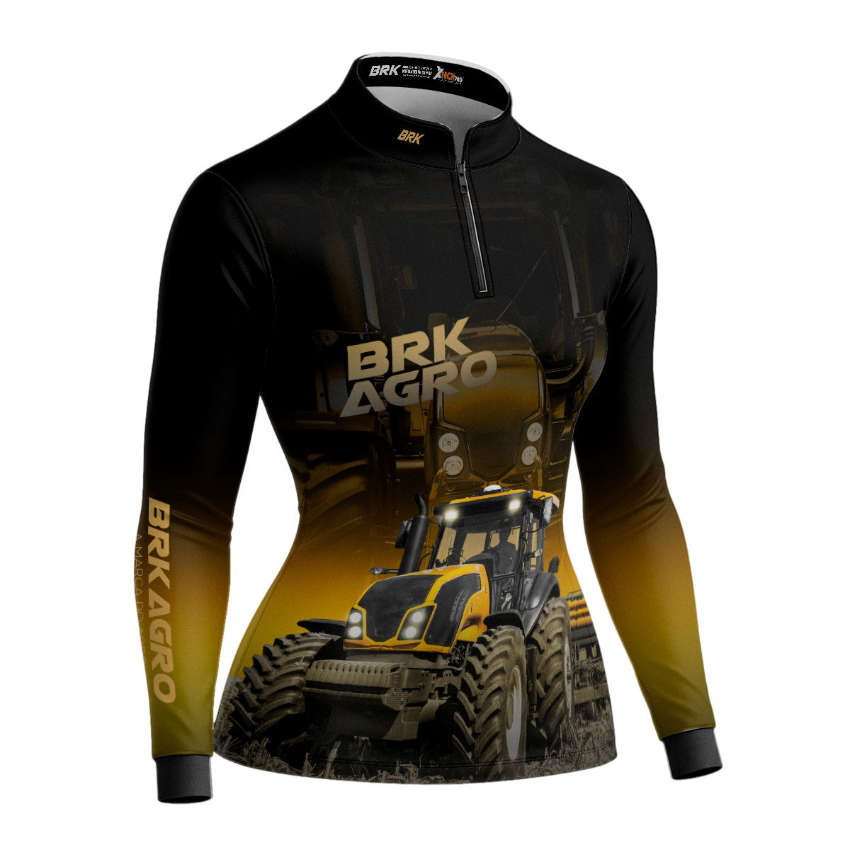 Camisa Agro Feminina Brk Trator BM115 Preto e Amarelo com Proteção Solar UV50+ - Brk Agro