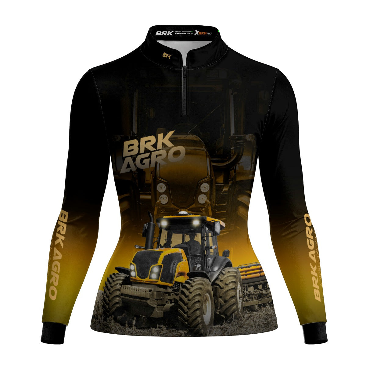 Camisa Agro Feminina Brk Trator BM115 Preto e Amarelo com Proteção Solar UV50+ - Brk Agro